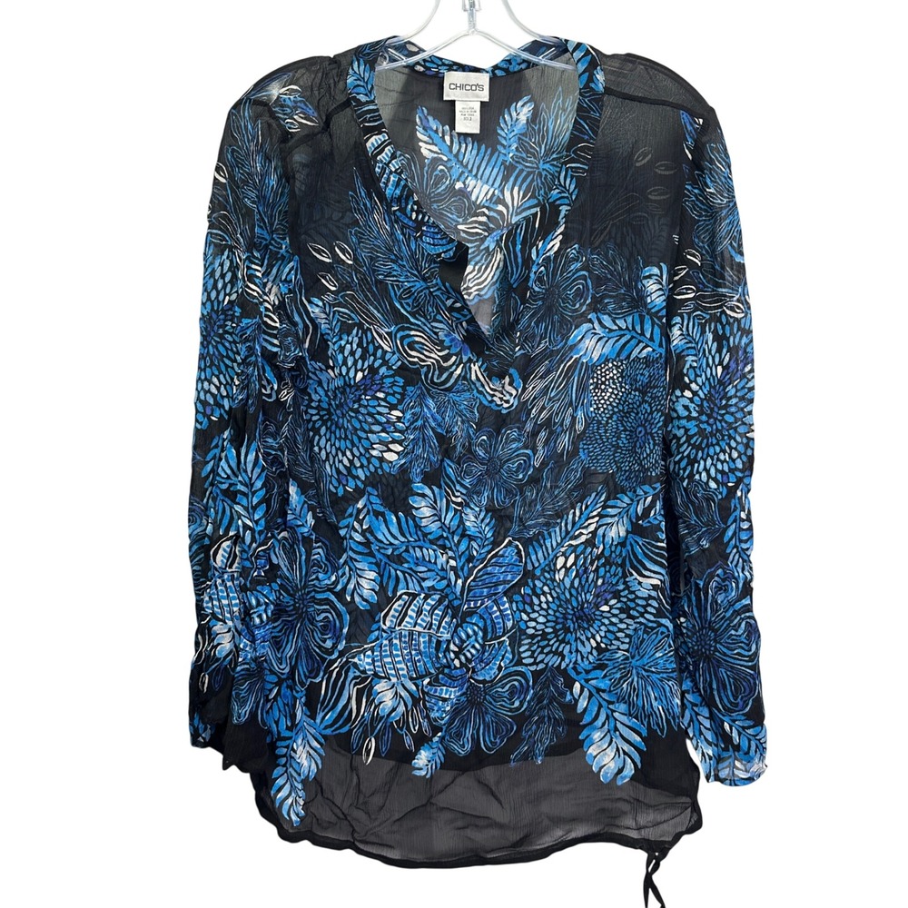 Chicos Silk Sheer Blue Floral Print Long Sleeve V Neck Blouse Top Size 2 L